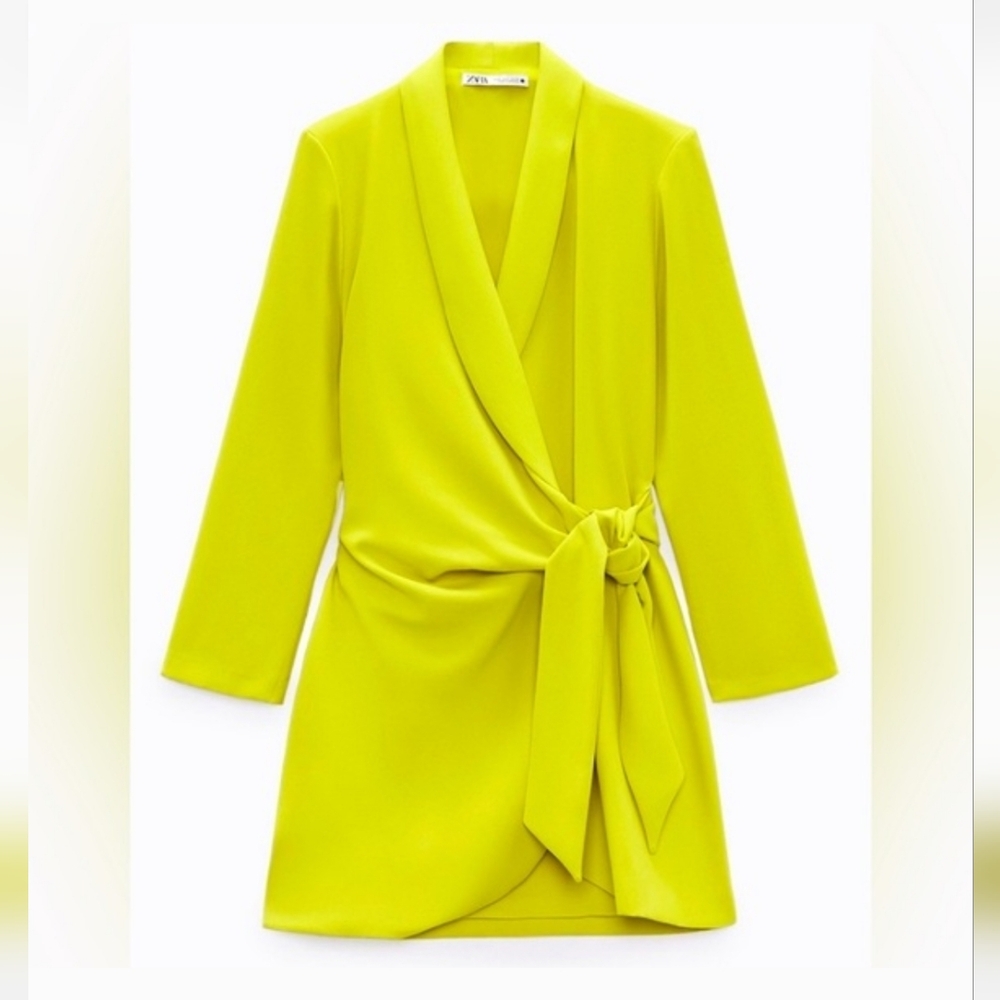 Zara Lime Green/Neon Yellow Blazer Tie Wrap Dress. Size Small.